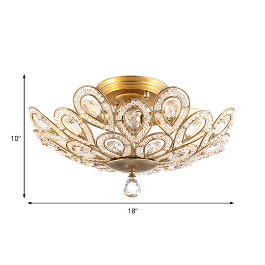 Brass Peacock Tail Flush Ceiling Light - Lodge Style Metal Lamp With Crystal Beads 3/5 Lights For