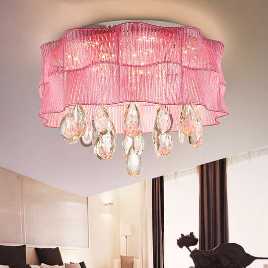Blue/Pink Flower Flush Ceiling Lamp - LED Contemporary Fabric with Crystal Accents - Bedroom Lighting