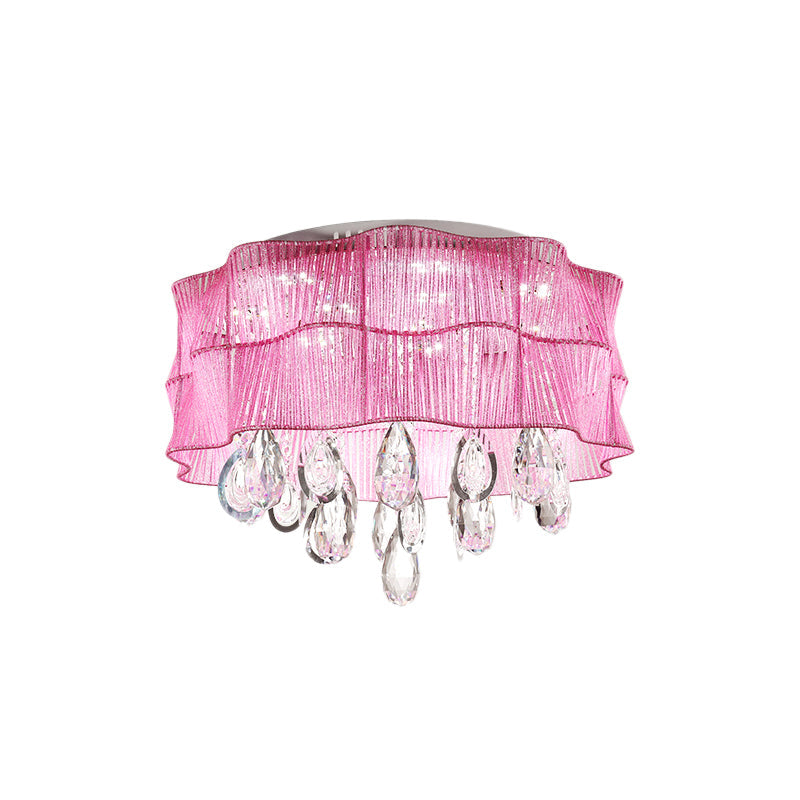 Blue/Pink Flower Flush Ceiling Lamp - LED Contemporary Fabric with Crystal Accents - Bedroom Lighting