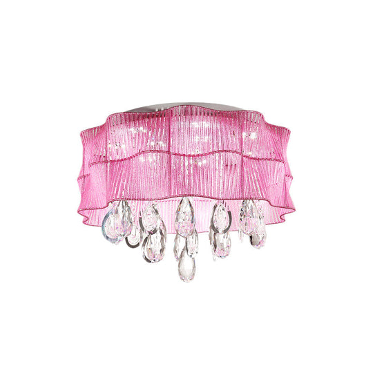 Blue/Pink Flower Flush Ceiling Lamp - Led Contemporary Fabric With Crystal Accents Bedroom Lighting