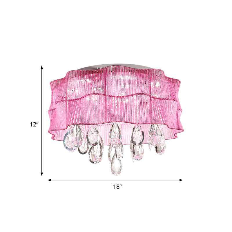 Blue/Pink Flower Flush Ceiling Lamp - LED Contemporary Fabric with Crystal Accents - Bedroom Lighting