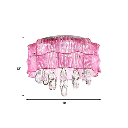 Blue/Pink Flower Flush Ceiling Lamp - LED Contemporary Fabric with Crystal Accents - Bedroom Lighting