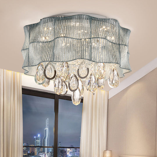 Blue/Pink Flower Flush Ceiling Lamp - LED Contemporary Fabric with Crystal Accents - Bedroom Lighting