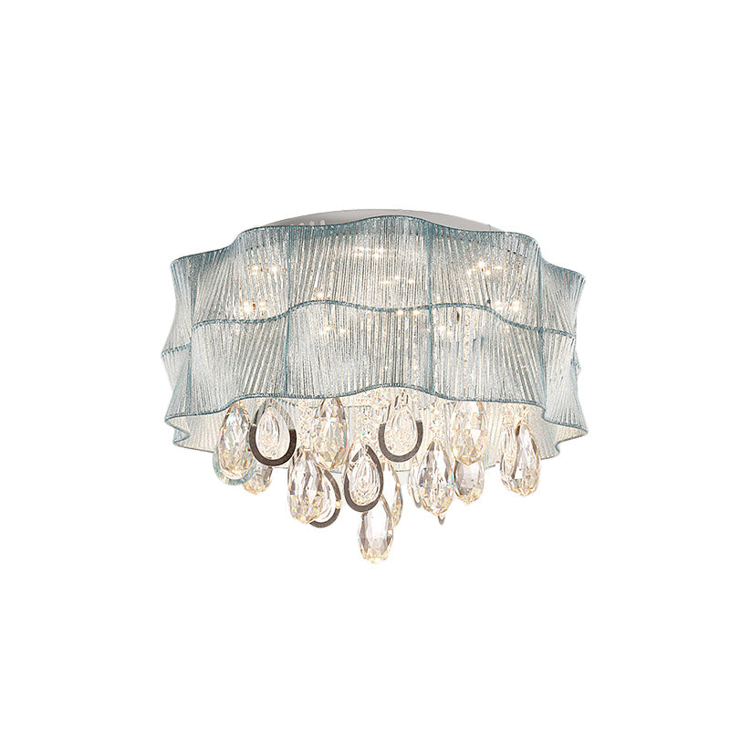 Blue/Pink Flower Flush Ceiling Lamp - Led Contemporary Fabric With Crystal Accents Bedroom Lighting