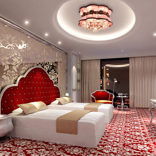 Modern Pink Flower LED Ceiling Mount Light with Crystal Deco – Flush Ceiling Light for Hotel