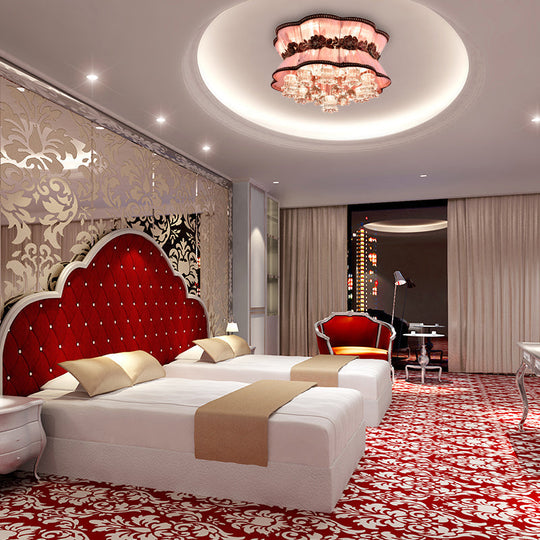 Modern Pink Flower Led Ceiling Mount Light With Crystal Deco Flush For Hotel