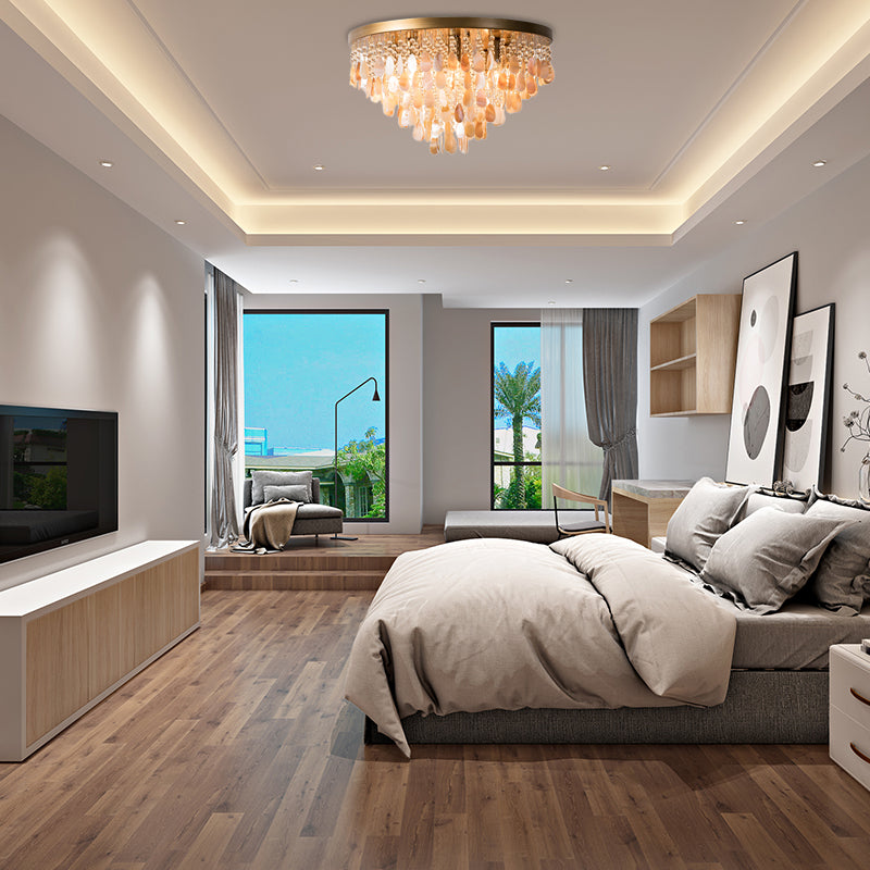 Modern Shell Tiered Flush Mount Light with Crystal Bead - Brass Finish | 6/9 Lights | 16"/19.5" W Ceiling Lamp