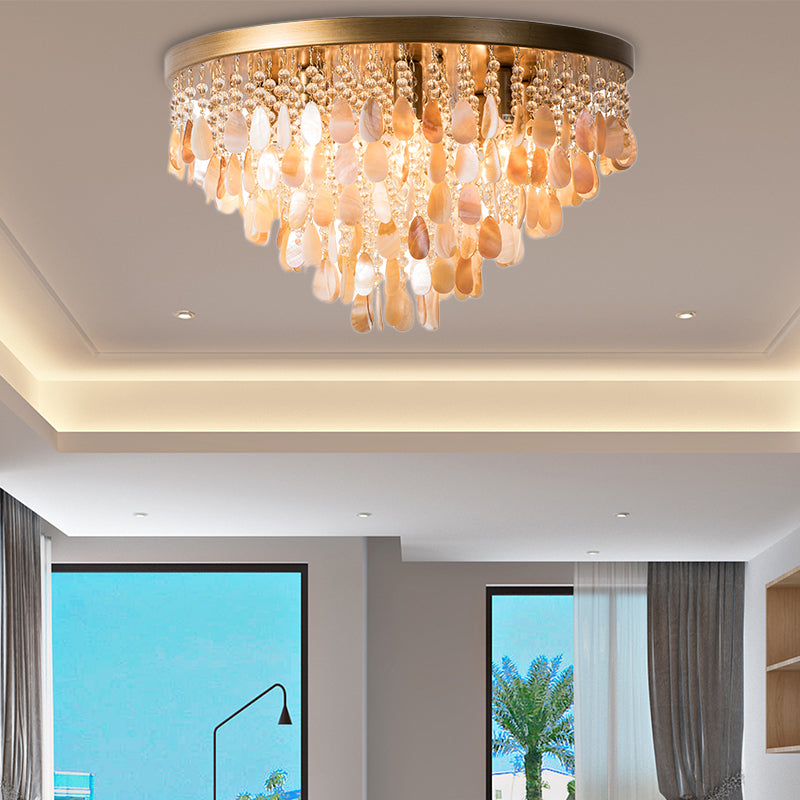 Modern Shell Tiered Flush Mount Light with Crystal Bead - Brass Finish | 6/9 Lights | 16"/19.5" W Ceiling Lamp