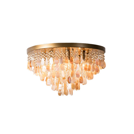 Modern Shell Tiered Flush Mount Light with Crystal Bead - Brass Finish | 6/9 Lights | 16"/19.5" W Ceiling Lamp