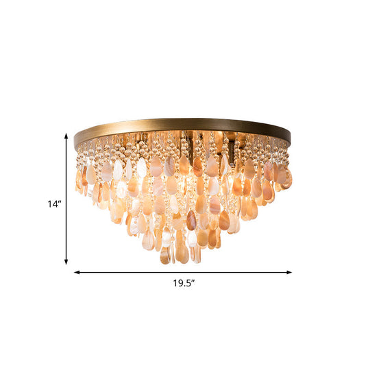 Modern Shell Tiered Flush Mount Light With Crystal Bead - Brass Finish | 6/9 Lights 16/19.5 W