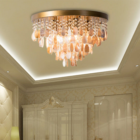 Modern Shell Tiered Flush Mount Light with Crystal Bead - Brass Finish | 6/9 Lights | 16"/19.5" W Ceiling Lamp