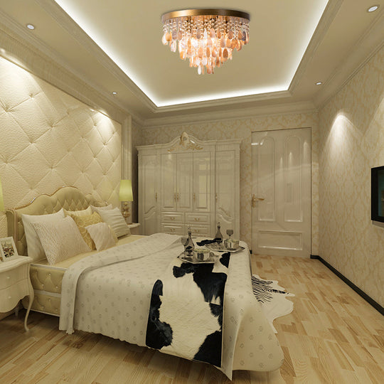 Modern Shell Tiered Flush Mount Light with Crystal Bead - Brass Finish | 6/9 Lights | 16"/19.5" W Ceiling Lamp