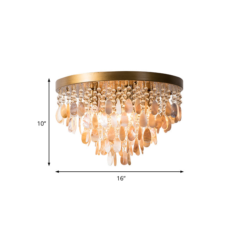 Modern Shell Tiered Flush Mount Light with Crystal Bead - Brass Finish | 6/9 Lights | 16"/19.5" W Ceiling Lamp