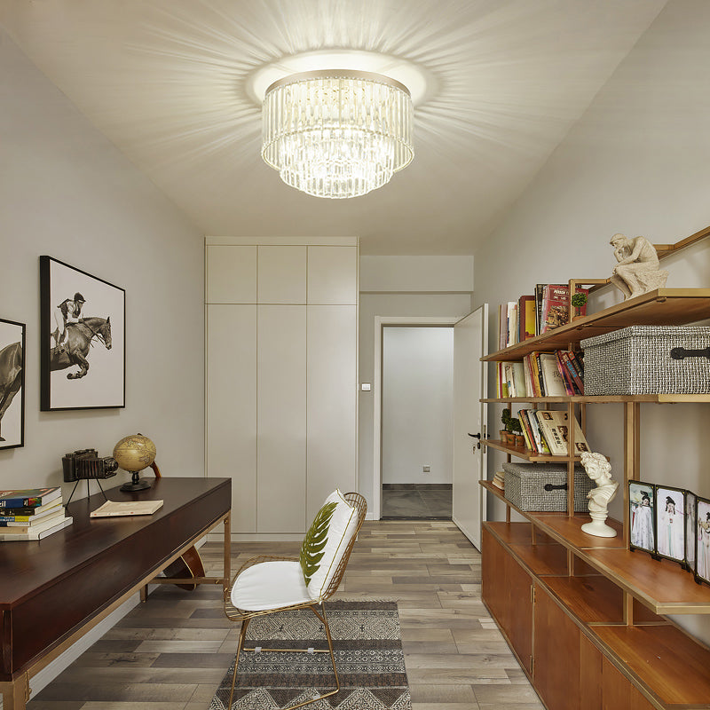 Modernist Drum Ceiling Lamp - Clear Crystal, 12"/16" Width, Flush Mount Lighting for Living Room