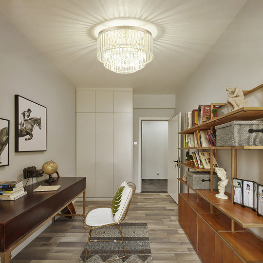 Modernist Drum Ceiling Lamp - Clear Crystal, 12"/16" Width, Flush Mount Lighting for Living Room