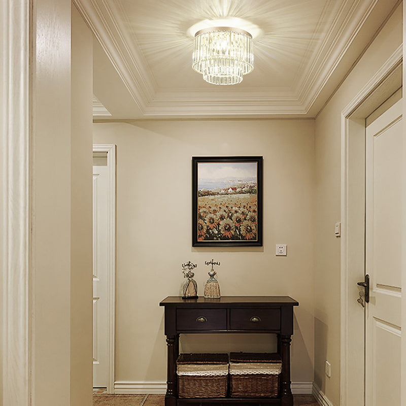 Modernist Drum Ceiling Lamp - Clear Crystal, 12"/16" Width, Flush Mount Lighting for Living Room