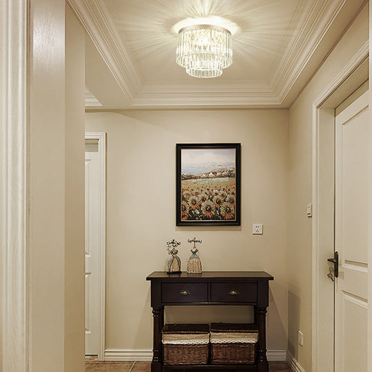 Modernist Drum Ceiling Lamp - Clear Crystal, 12"/16" Width, Flush Mount Lighting for Living Room