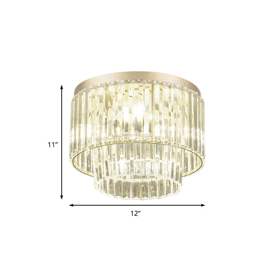 Modernist Drum Ceiling Lamp - Clear Crystal 12/16 Width Flush Mount Lighting For Living Room
