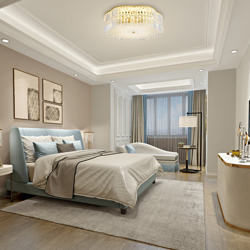 Golden Flower Flush LED Pendant Light with Modern Clear Crystal Design and Acrylic Diffuser - Available in 15" and 19" Widths