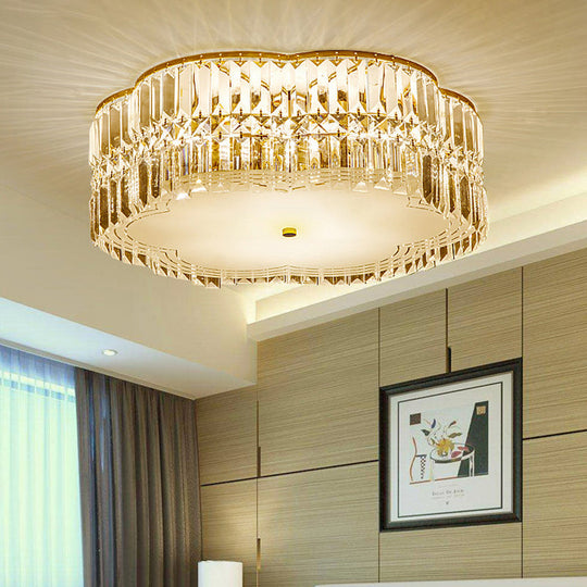 Golden Flower Flush LED Pendant Light with Modern Clear Crystal Design and Acrylic Diffuser - Available in 15" and 19" Widths