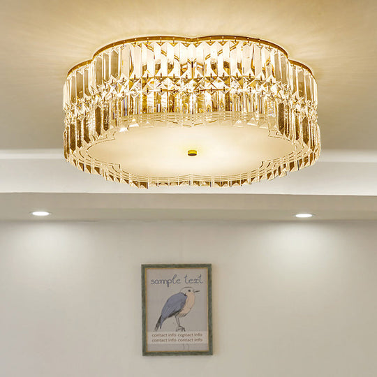Golden Flower Flush Led Pendant Light With Modern Clear Crystal Design And Acrylic Diffuser -