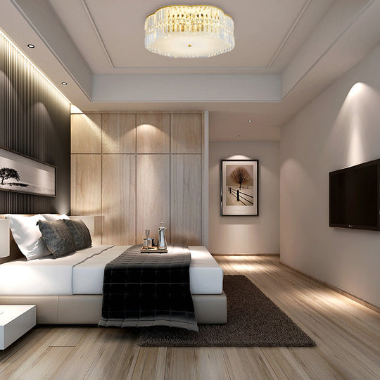 Golden Flower Flush LED Pendant Light with Modern Clear Crystal Design and Acrylic Diffuser - Available in 15" and 19" Widths