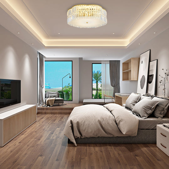 Golden Flower Flush Led Pendant Light With Modern Clear Crystal Design And Acrylic Diffuser -