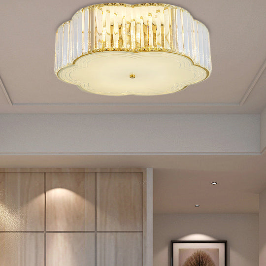 Golden Flower Flush LED Pendant Light with Modern Clear Crystal Design and Acrylic Diffuser - Available in 15" and 19" Widths