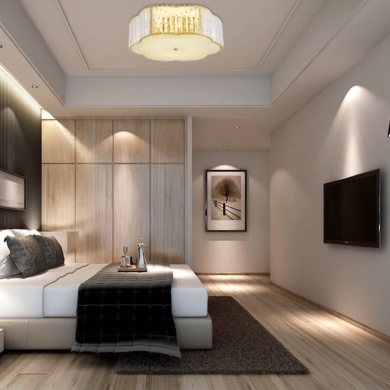 Golden Flower Flush LED Pendant Light with Modern Clear Crystal Design and Acrylic Diffuser - Available in 15" and 19" Widths