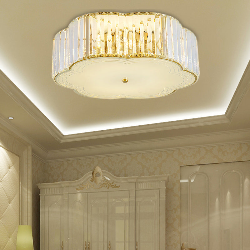 Golden Flower Flush LED Pendant Light with Modern Clear Crystal Design and Acrylic Diffuser - Available in 15" and 19" Widths