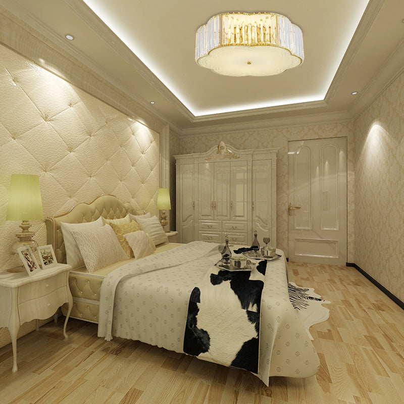 Golden Flower Flush LED Pendant Light with Modern Clear Crystal Design and Acrylic Diffuser - Available in 15" and 19" Widths