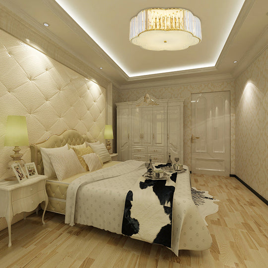 Golden Flower Flush LED Pendant Light with Modern Clear Crystal Design and Acrylic Diffuser - Available in 15" and 19" Widths