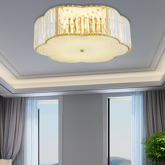 Golden Flower Flush LED Pendant Light with Modern Clear Crystal Design and Acrylic Diffuser - Available in 15" and 19" Widths