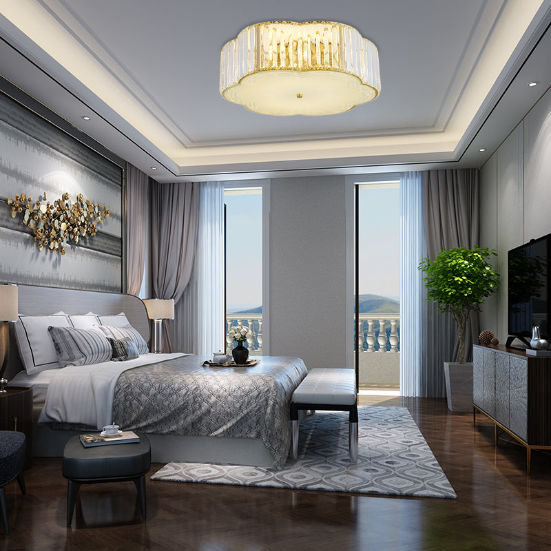 Golden Flower Flush LED Pendant Light with Modern Clear Crystal Design and Acrylic Diffuser - Available in 15" and 19" Widths