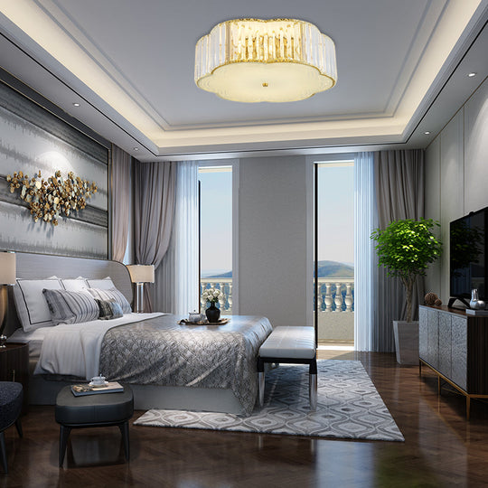 Golden Flower Flush LED Pendant Light with Modern Clear Crystal Design and Acrylic Diffuser - Available in 15" and 19" Widths