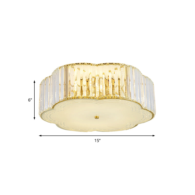 Golden Flower Flush LED Pendant Light with Modern Clear Crystal Design and Acrylic Diffuser - Available in 15" and 19" Widths