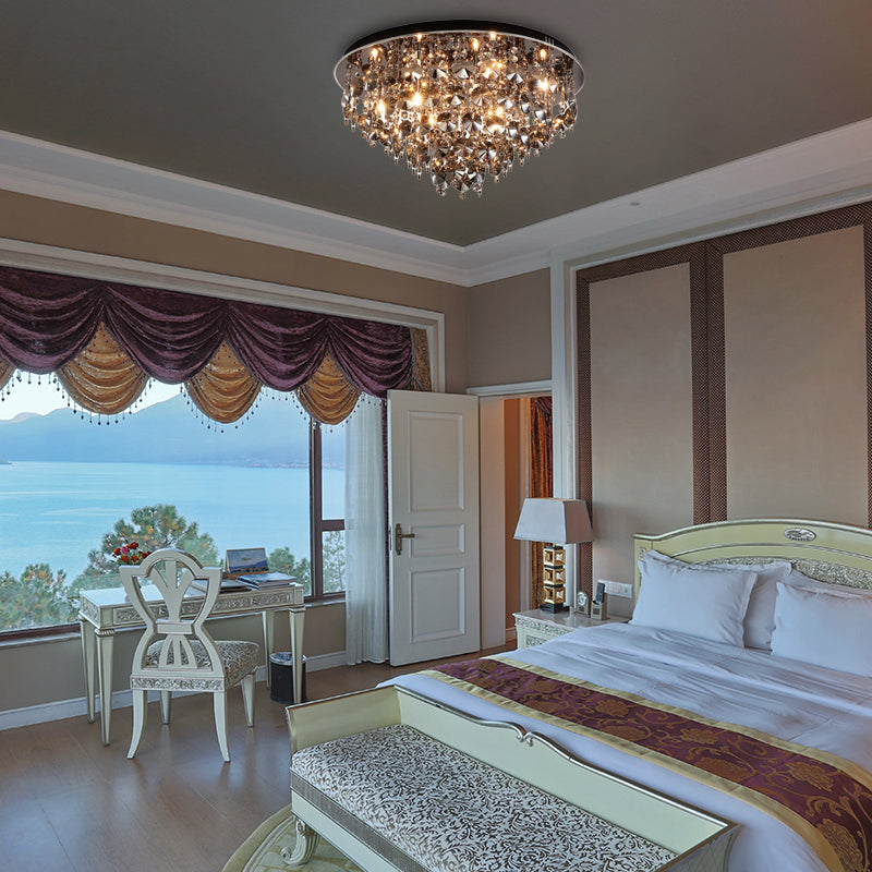 Vintage Smoke Gray Flush Mount Light with Crystal Bead Accents, Warm LED Ceiling Lamp - 16"/23.5" Width