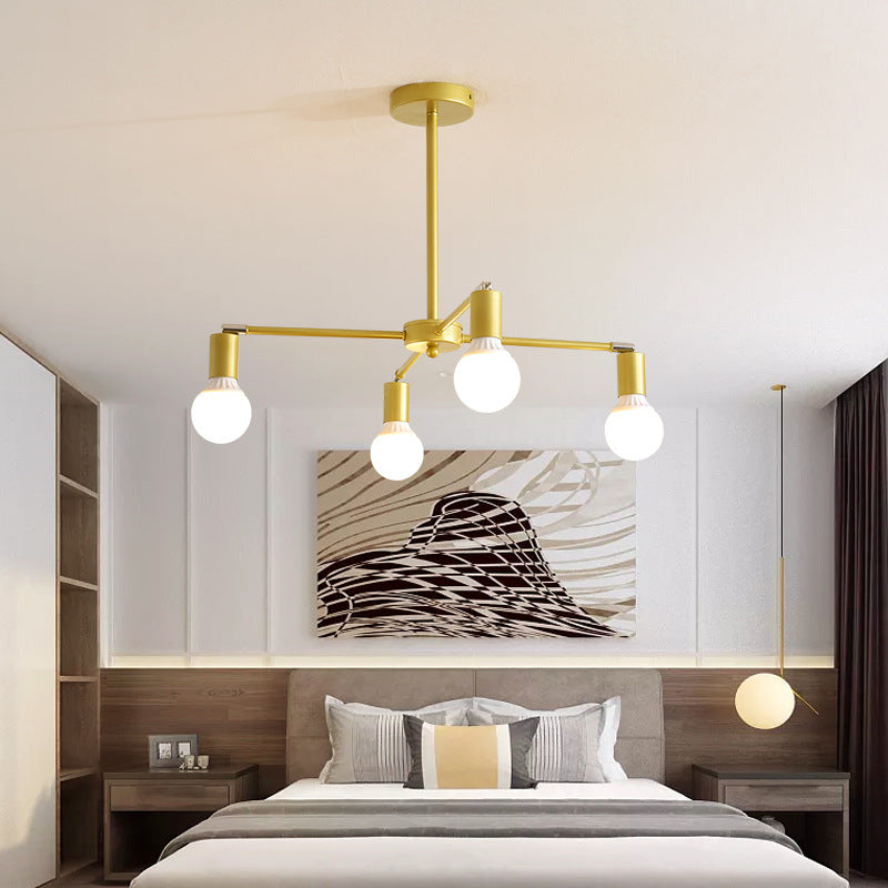 Gold Radial Metal Chandelier with Hanging Lights for Bedroom - Modern Design with Bare Bulb