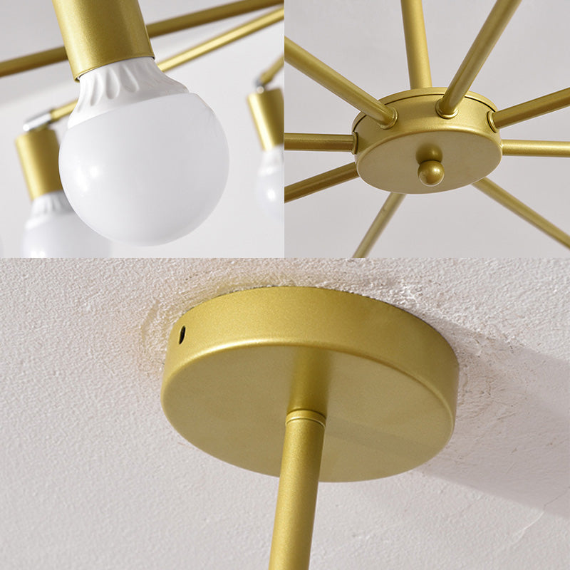 Gold Radial Metal Chandelier with Hanging Lights for Bedroom - Modern Design with Bare Bulb