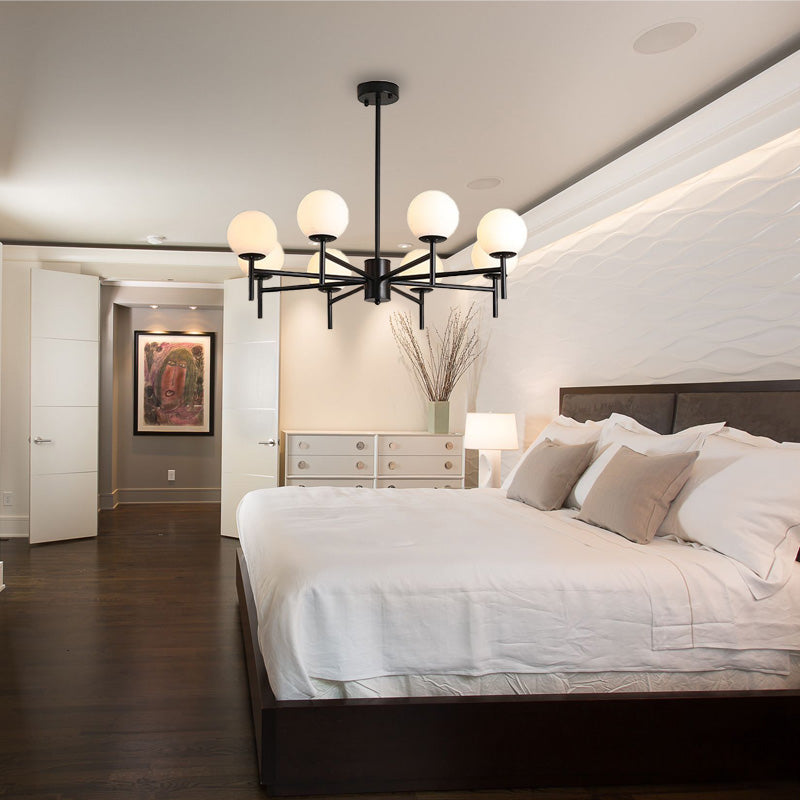 Contemporary Black And Gold Globe Chandelier With Radiant Design Milk Glass Shades - Available In 6
