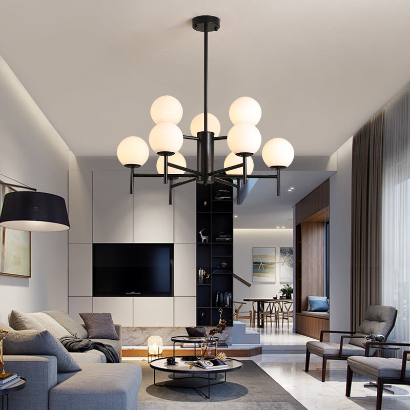 Contemporary Black And Gold Globe Chandelier With Radiant Design Milk Glass Shades - Available In 6