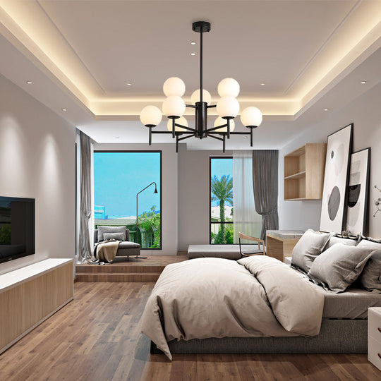 Contemporary Black And Gold Globe Chandelier With Radiant Design Milk Glass Shades - Available In 6