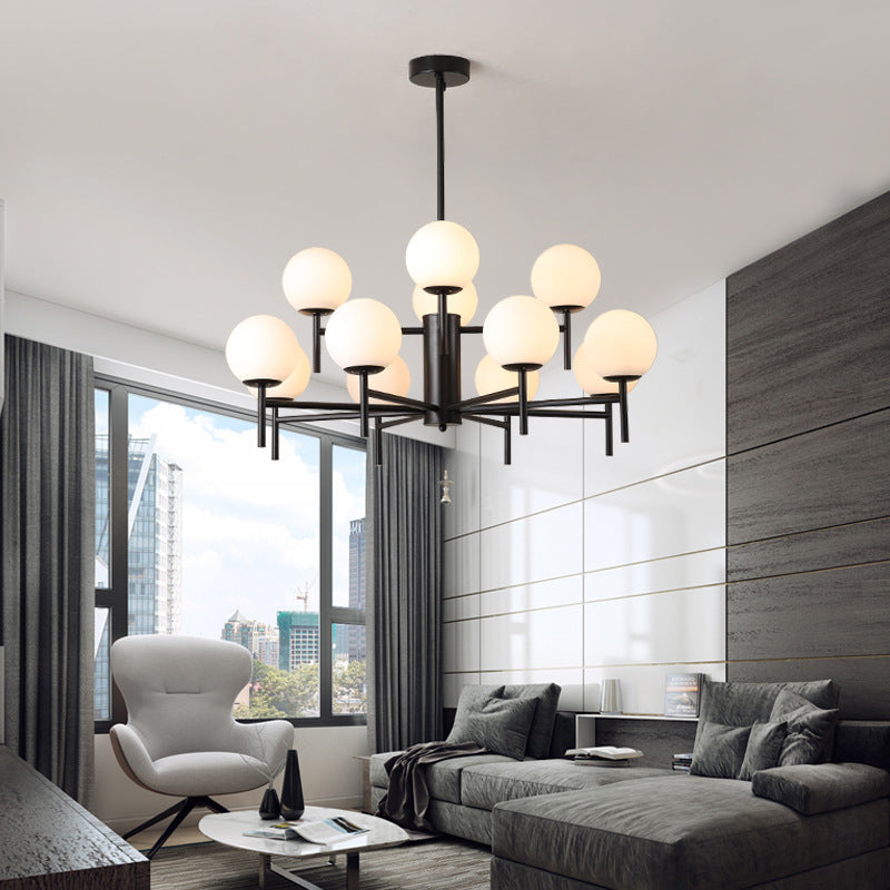 Contemporary Black/Gold Globe Chandelier with Radial Design - 6/8/9 Lights, Milk Glass Hanging Lamp