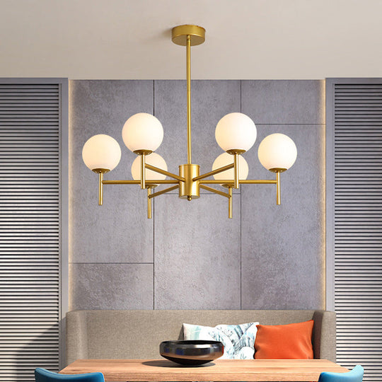 Contemporary Black/Gold Globe Chandelier with Radial Design - 6/8/9 Lights, Milk Glass Hanging Lamp