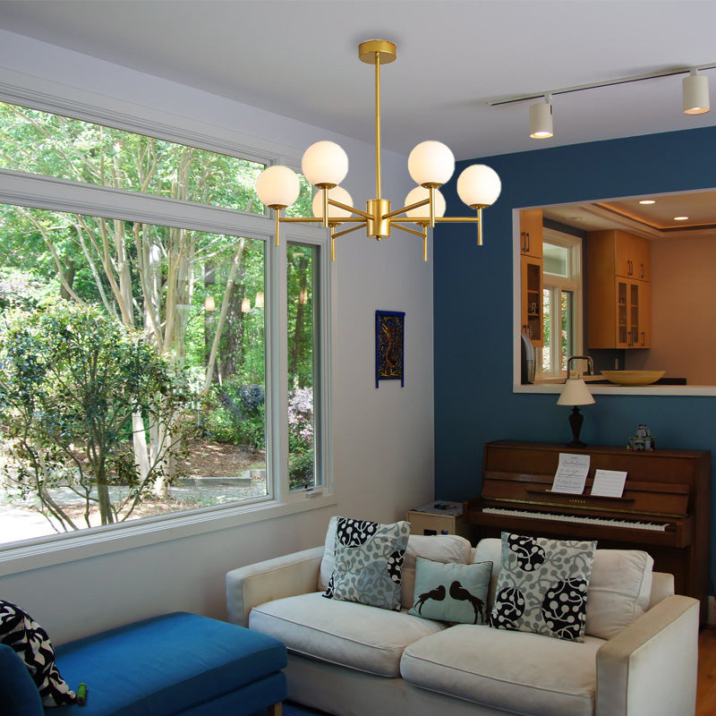 Contemporary Black And Gold Globe Chandelier With Radiant Design Milk Glass Shades - Available In 6