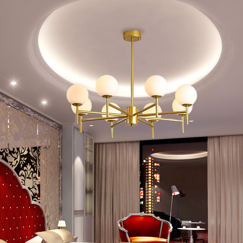 Contemporary Black And Gold Globe Chandelier With Radiant Design Milk Glass Shades - Available In 6