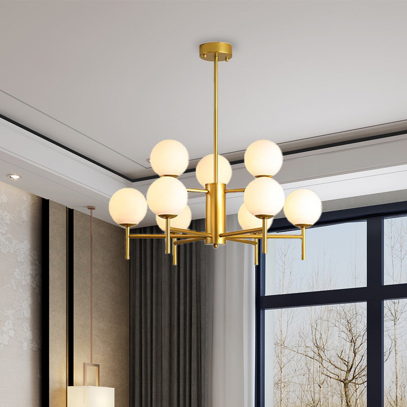 Contemporary Black/Gold Globe Chandelier with Radial Design - 6/8/9 Lights, Milk Glass Hanging Lamp