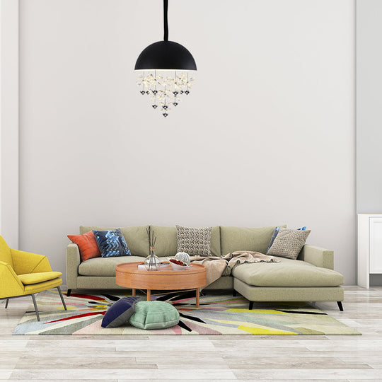 Domed Pendant Light with Crystal Flower Deco - Modern Metal Hanging Ceiling Light (6/10 Lights) in Black/White