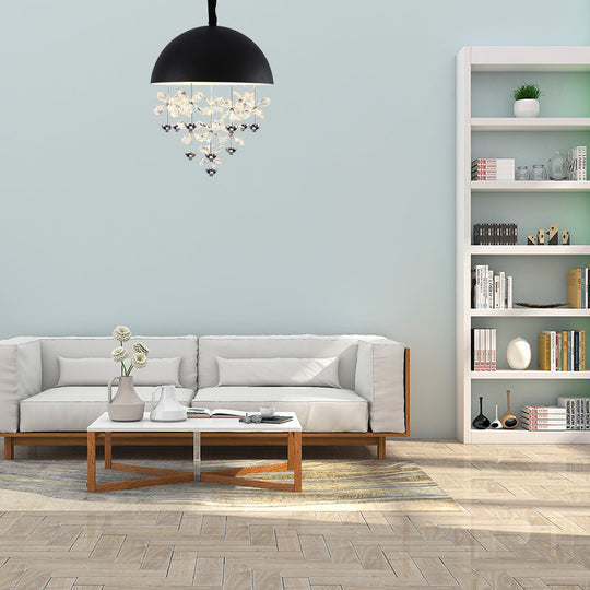 Domed Pendant Light with Crystal Flower Deco - Modern Metal Hanging Ceiling Light (6/10 Lights) in Black/White