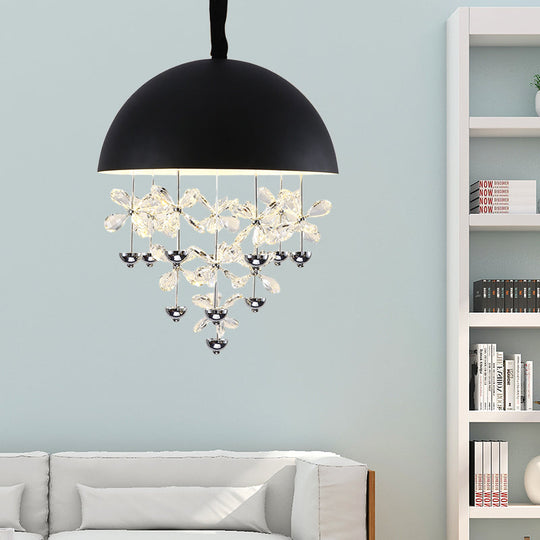 Domed Pendant Light with Crystal Flower Deco - Modern Metal Hanging Ceiling Light (6/10 Lights) in Black/White